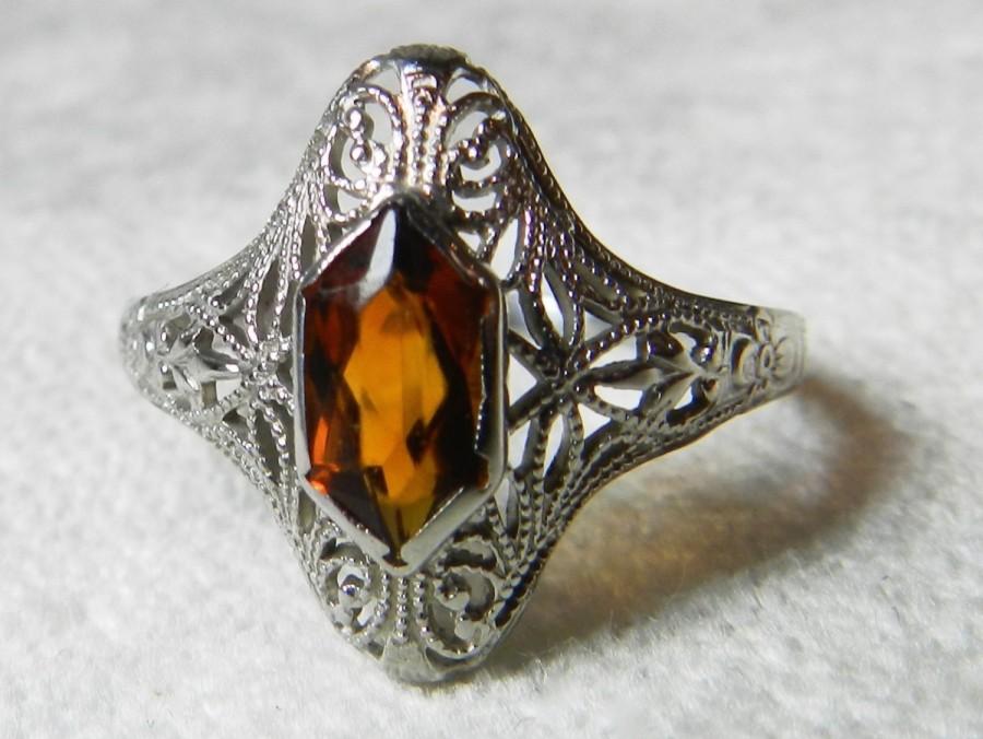 Wedding - Vintage Art Deco Engagement Ring Edwardian Engagement Ring fancy cut Citrine Stone 14k gold filigree settng