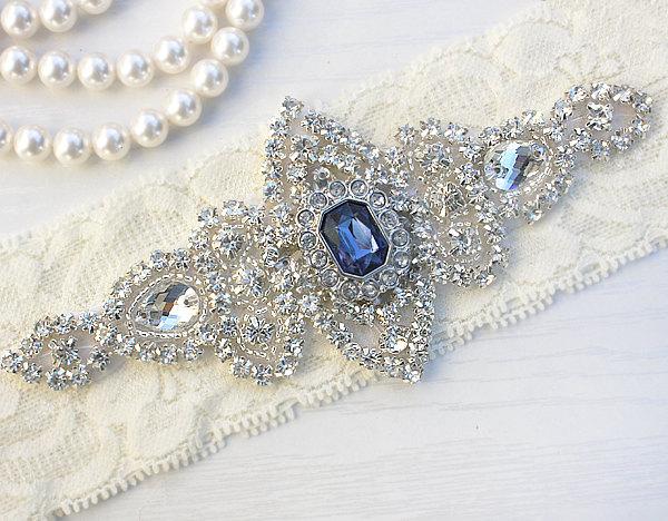 Hochzeit - SALE - Best Seller - CHLOE II - Sapphire Blue Wedding Garter, Wedding Ivory Lace Garter, Rhinestone Crystal Bridal Garter, Something Blue