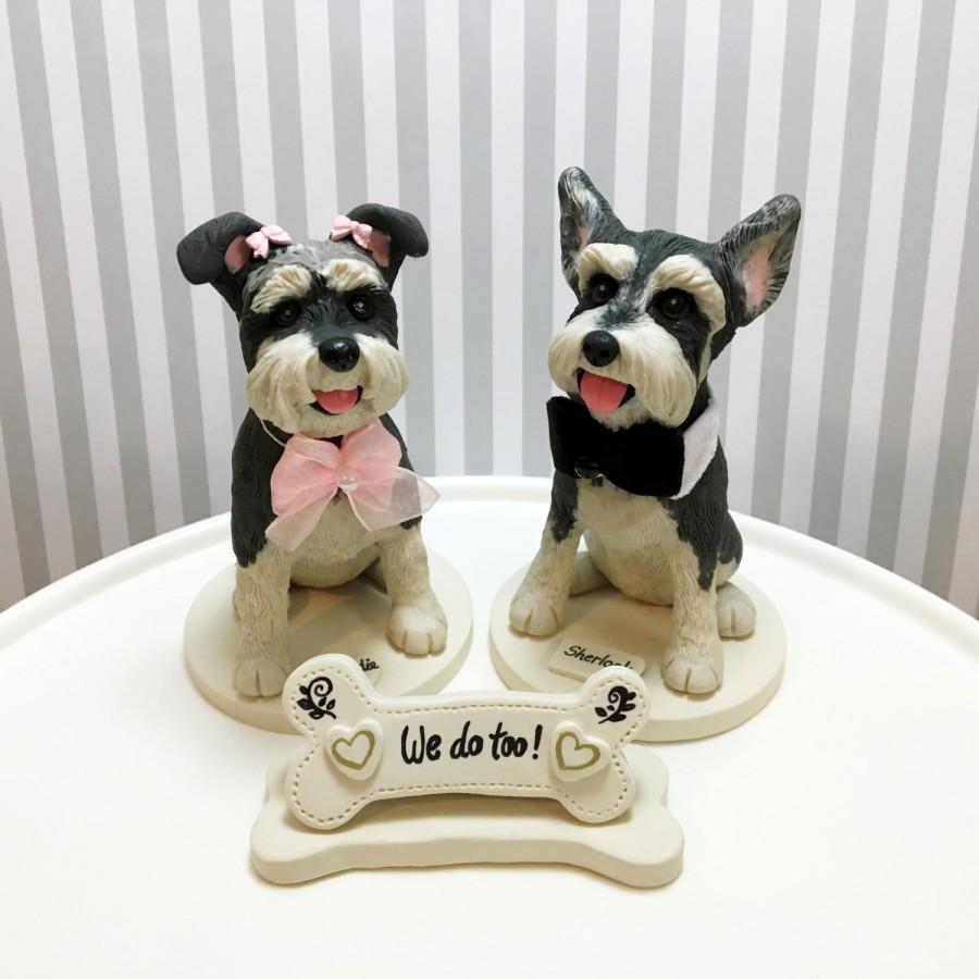 Wedding - 5" Mini Schnauzer cake toppers, We do too! Bone-shaped sign with base and roses, two dog cake toppers, custom dog cake toppers