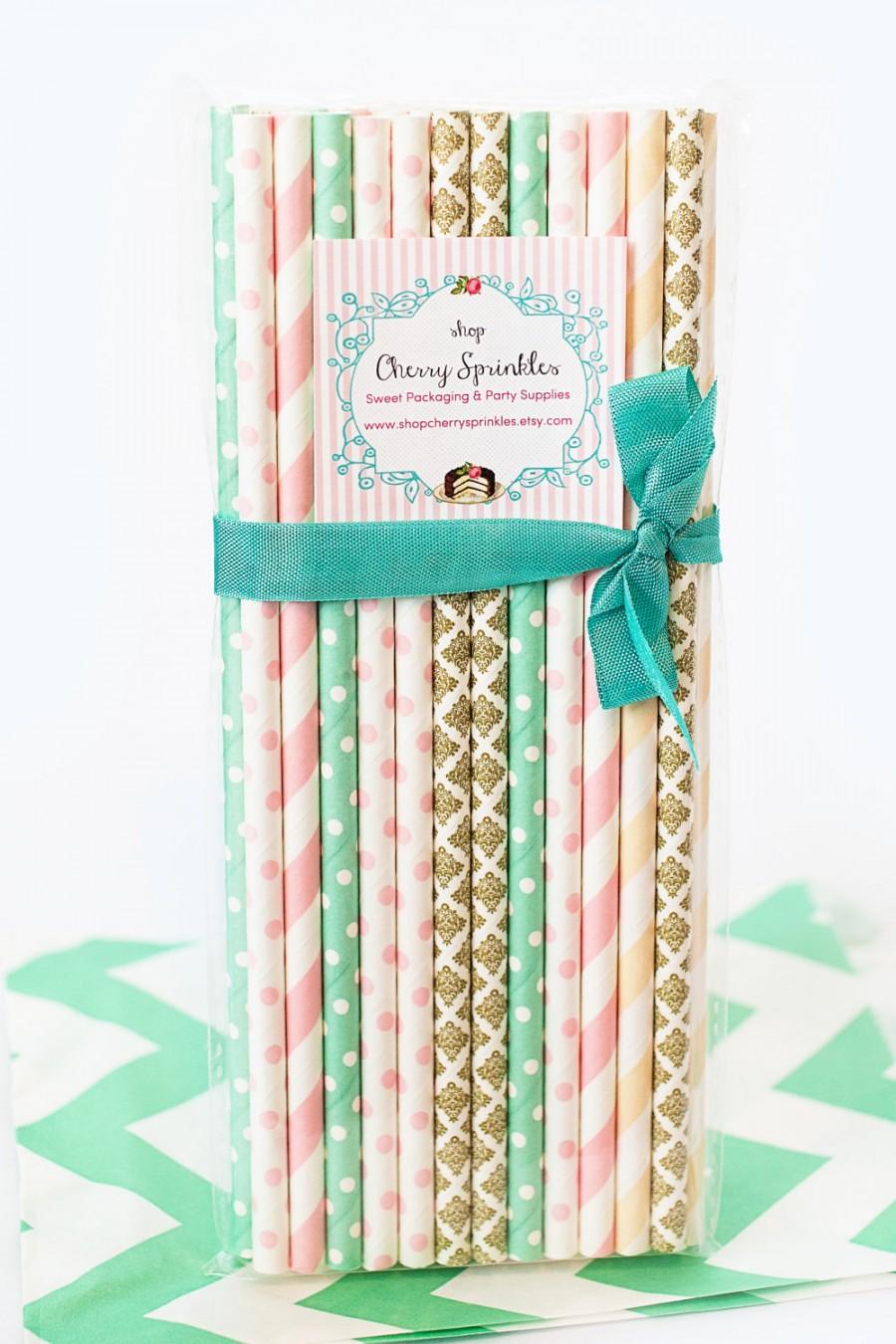 زفاف - VINTAGE GIRL -Party Supplies -Mint and Pink Party -PINK Paper Straws, Mint Paper straws, Gold Straws, Vintage Decor, Wedding, Girl Party