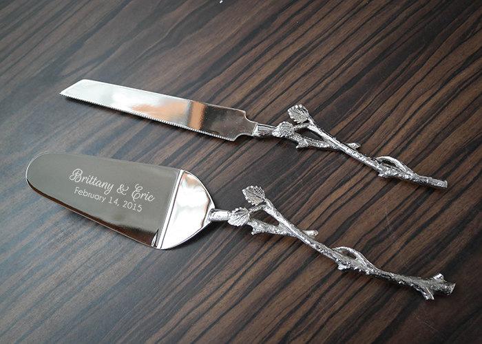 Wedding - Personalized Cake Knife and Server SET - Silver Leaf Rustic Wedding Cake Knife and Server Set - Personalized Wedding Gift - Engagement Gift