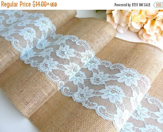 Mariage - ON SALE Burlap table runner wedding table runner & pastel turquoise lace rustic wedding table decor rustic wedding decor , handmade in the U