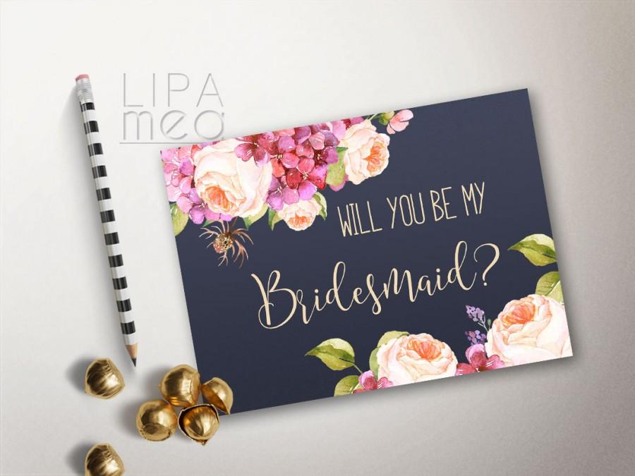 Hochzeit - Will you be my Bridesmaid card Printable, Floral Bridesmaid Cards, Printable Bridesmaid Card, Hydrangea & Peony Bridesmaid Invitation Navy