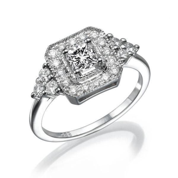 زفاف - Unique Moissanite Engagement Ring, 18K White Gold Ring Solitaire with Accents Halo Ring, 0.84 TCW Forever Brilliant Moissanite