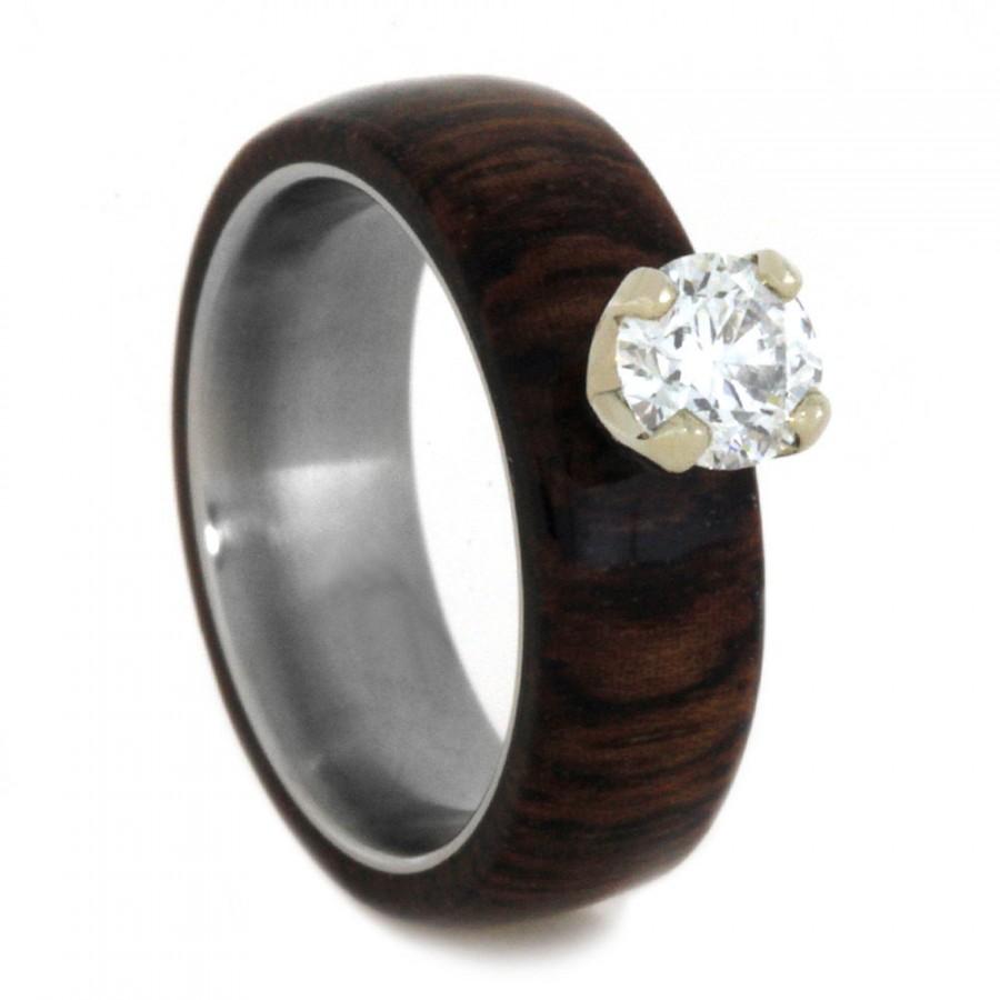 Wedding - Unique Diamond Engagement Ring With 14k White Gold Setting, Honduran Rosewood Ring, Stainless Steel Ring For Women