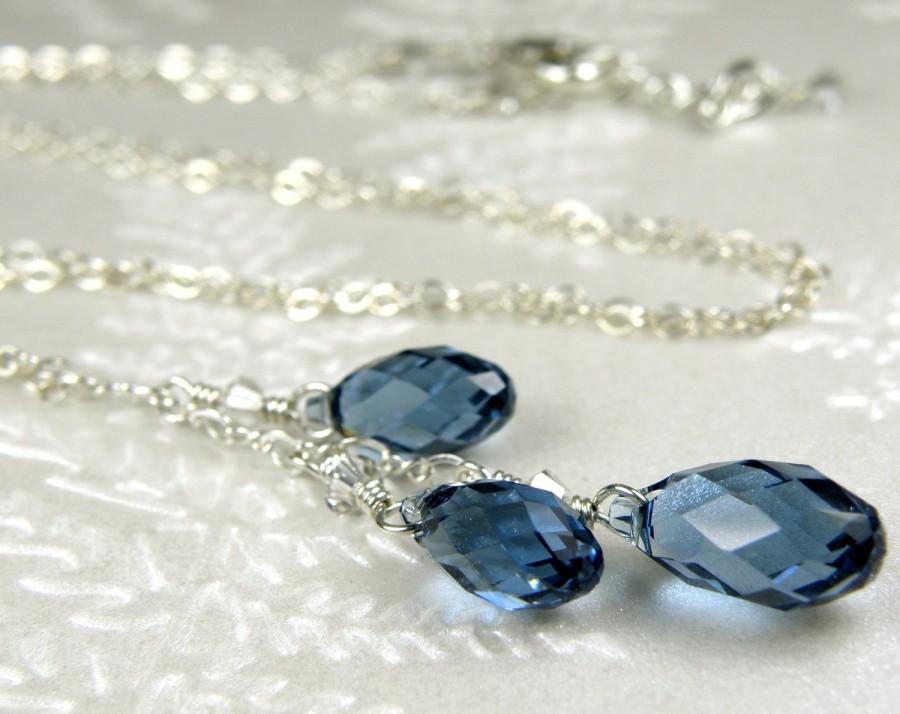 Wedding - Sapphire Blue Crystal Necklace, Y Drop Pendant, Swarovski Teardrop, Denim Blue Bridesmaid Wedding Handmade Jewelry, September Birthday Gift