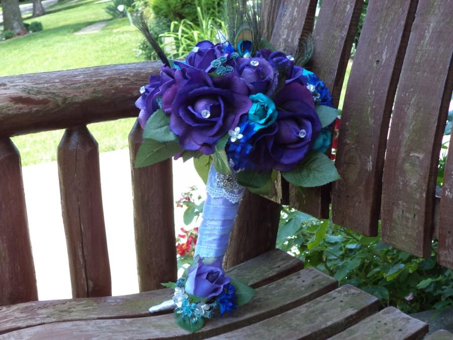 Mariage - Peacock Bridal Bouquet / Teal and Purple Real Touch Silk Bridal Bouquet / Grooms Boutonniere / Silk Wedding Flowers / Peacock Wedding