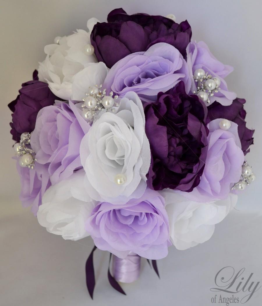 زفاف - 17 Pieces Wedding Bridal Bride Maid Of Honor Bridesmaid Bouquet Boutonniere Corsage Silk Flower PURPLE LAVENDER "Lily Of Angeles" PULV06