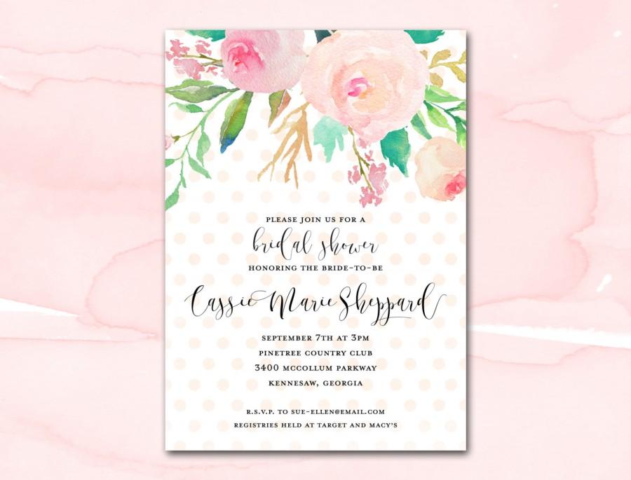 Свадьба - Bridal Shower Invitation Printable, Blush Watercolor Floral Polka Dot Bridal Shower Invitation, Printable Bridal Shower Invite, Pink Gold