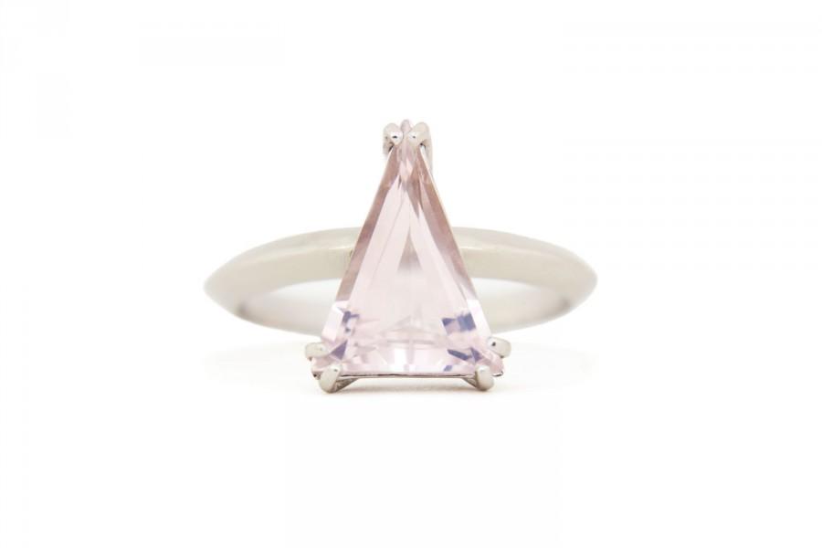 Свадьба - Rose quartz engagement ring, triangle step cut 14k white gold ring, modern simple design for everyday wear