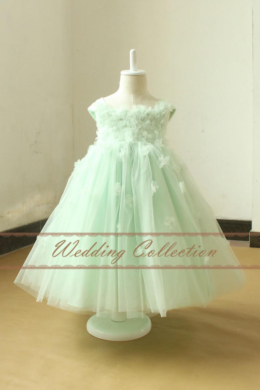 Wedding - Mint Flower Girl Dress With Handmade Flowers and Pearls