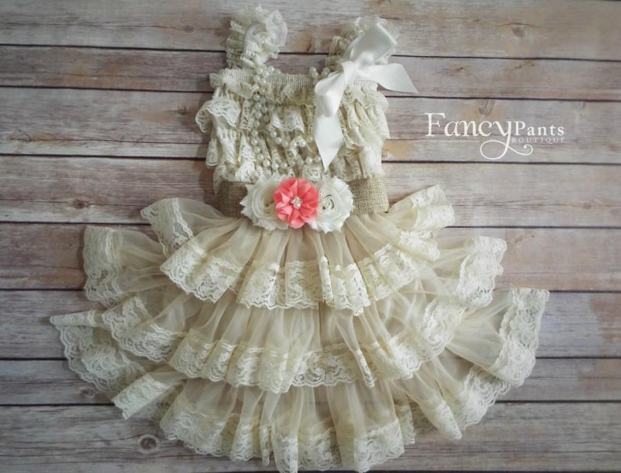 Mariage - Rustic Flower Girl Dress, Burlap and Coral , Lace Flower Girl Dress, Flower girl Dress, Rustic Flower Girl Dress, Lace Dress, Cowgirl dress
