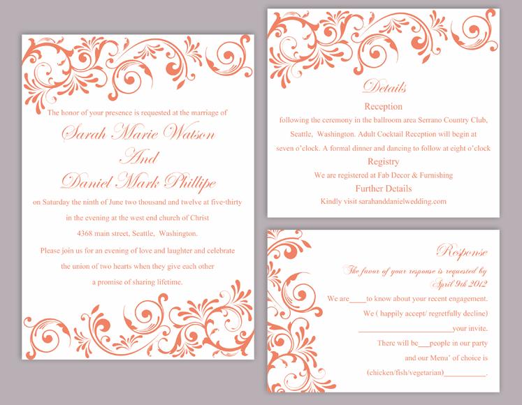 Mariage - DIY Wedding Invitation Template Set Editable Word File Instant Download Printable Orange Wedding Invitation Elegant Red Invitations