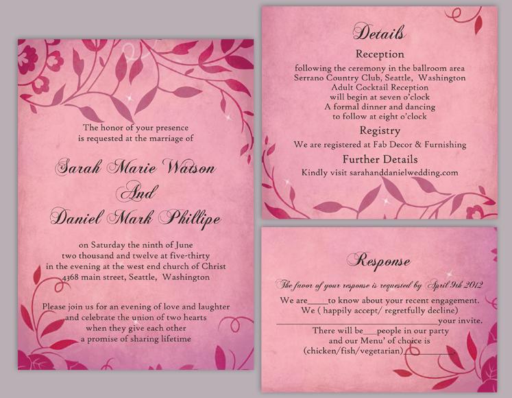 Wedding - DIY Rustic Wedding Invitation Template Set Editable Word File Download Printable Invitation Fuchsia Pink Invitation Leaf Wedding Invitation