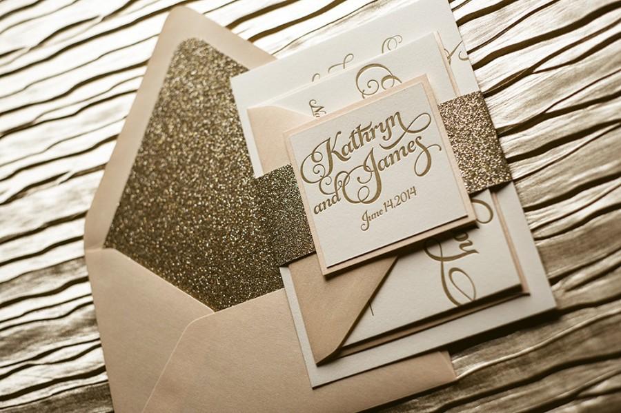 Hochzeit - Blush & Gold Glitter Wedding Invitation, Gold Glitter Wedding Invite, Calligraphy Invitation, Gold Invitation - Deposit to Get Started