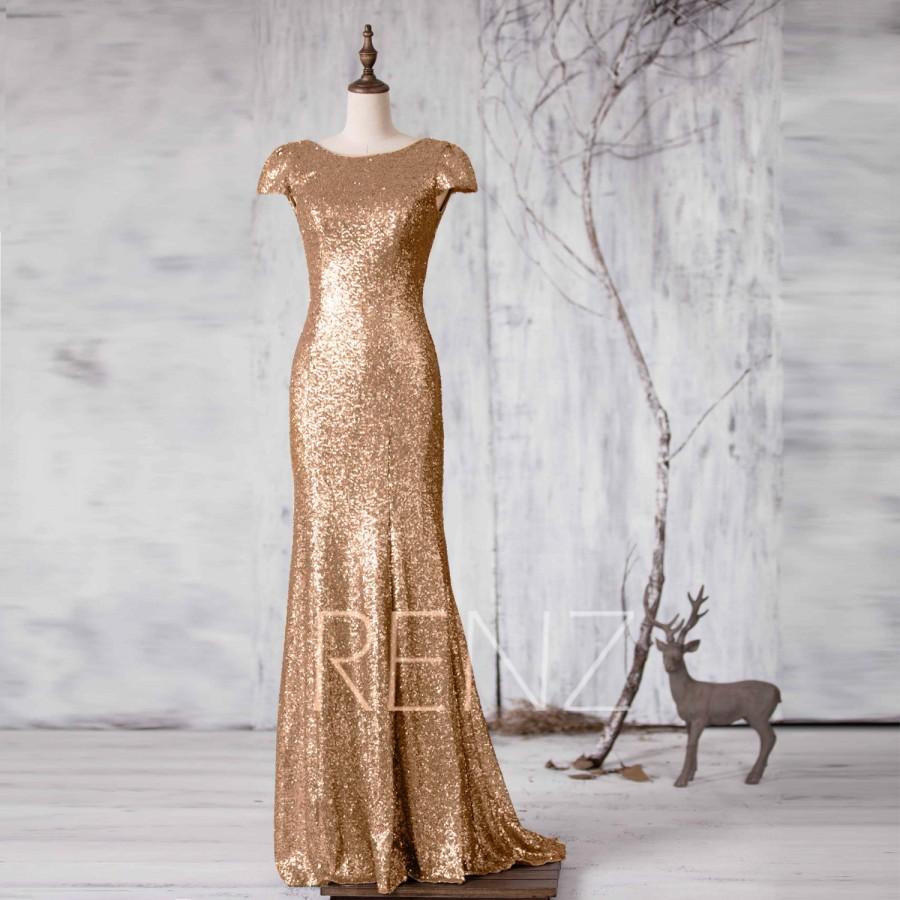 Mariage - 2015 Gold Bridesmaid dress, Cap Sleeve Wedding dress, Scoop neck Evening dress, V back Sequin Maxi dress Metallic full length (GQ161A)