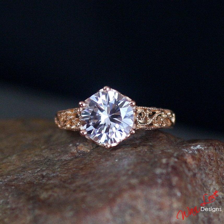 Hochzeit - Pink Sapphire Engagement Ring Filigree Milgrain Solitaire 3.5ct 9mm Round Cut 14k White Yellow Rose Gold-Platinum-Custom-Wedding-Anniversary