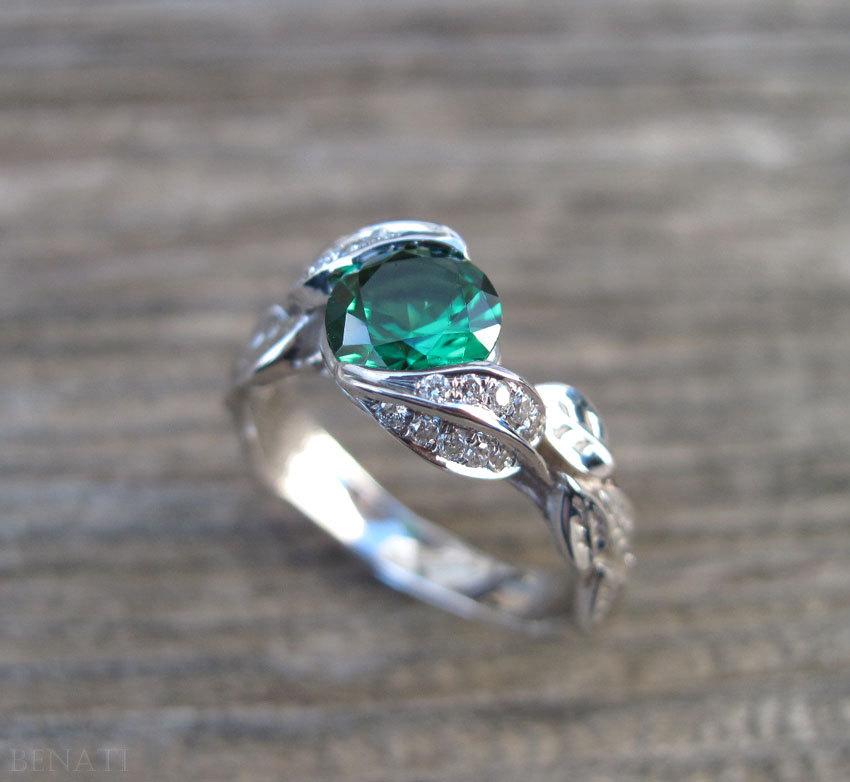 Hochzeit - Leaf Ring, Emerald Leaf Engagement Ring, Emerald Engagement Ring, Diamond Leaf Ring, Leaf Ring With Emerald, Wedding Floral Green Leaf Ring