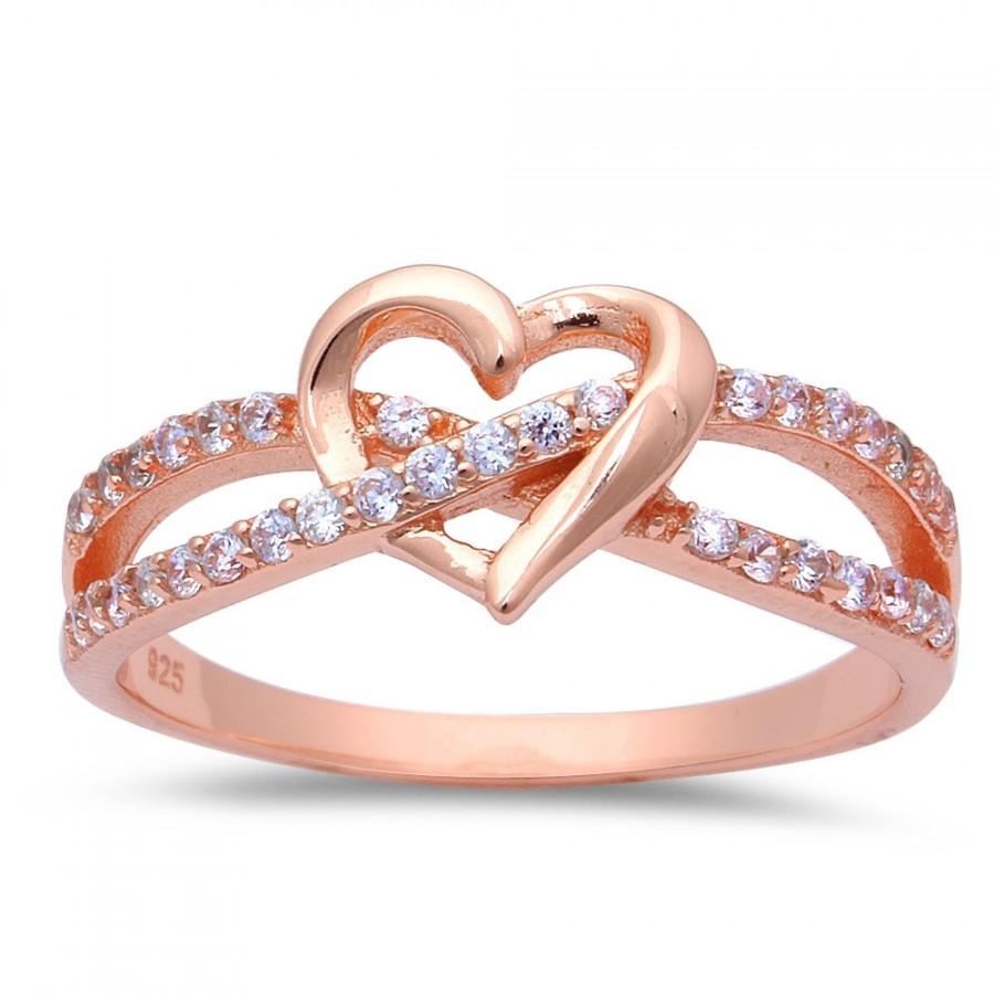 زفاف - Promise Ring Interlocking crisscross infinity Rose Gold Heart Ring 925 Sterling Silver Round Clear CZ Heart Engagement Valentines Love Gift