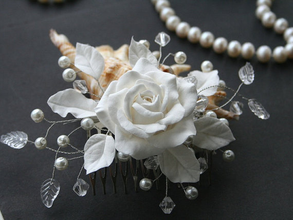 Свадьба - Bridal comb, Bridal flower comb, Bridal Hair flower, Bridal pearl comb, Wedding comb, Bridal hair accessory, Bridal headpiece, White rose