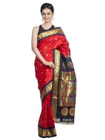 Mariage - Bright Red Paithani with Navy Blue Borders