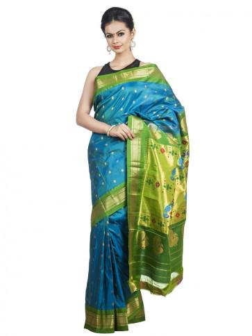 Hochzeit - Blue Paithani Saree with Green Borders