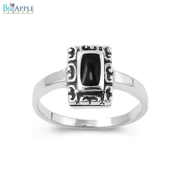 زفاف - Floral Design Emerald Cut Romantic Black Onyx Ring Solid 925 Sterling Silver Floral edge Fashion Engagement Anniversary Ring