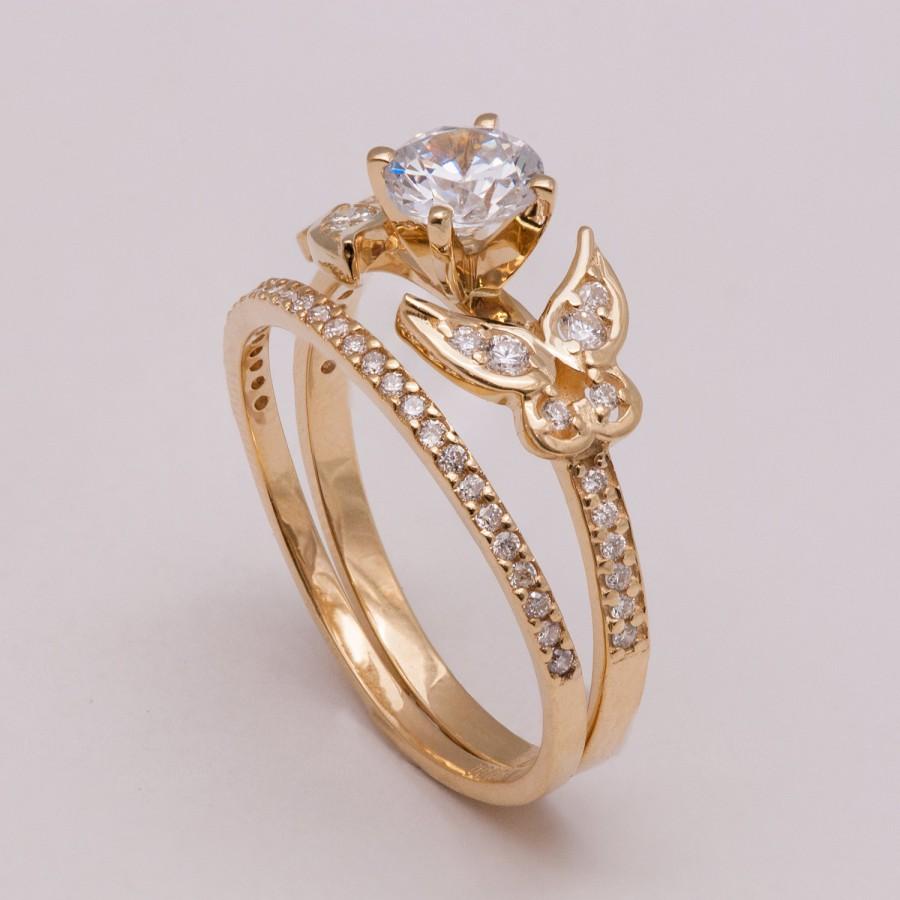 زفاف - Butterfly Bridal Set - Gold and Diamond engagement ring, diamond ring, unique engagement ring, art deco engagement ring, wedding set