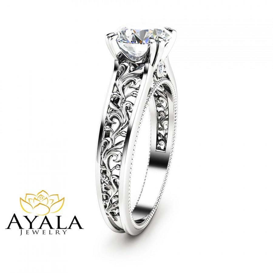Wedding - Unique Diamond Engagement Ring 14K White Gold Engagement Ring Art Deco Bridal Ring Filigree Ring
