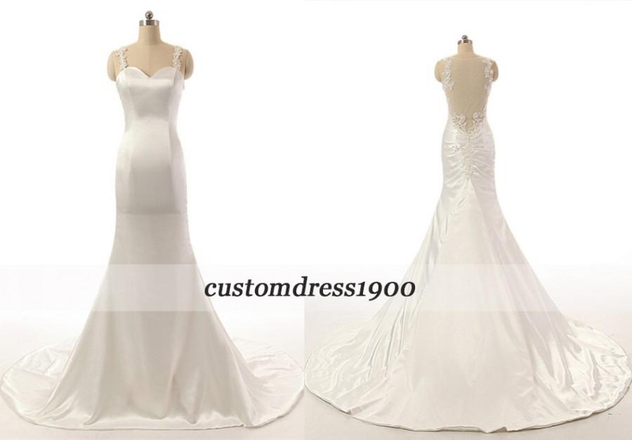 Mariage - Elegant Cap Sleeve White/Ivory Wedding Dress Sweep Train Handmade Satin Vintage Mermaid Wedding Gowns/Bridal Dress