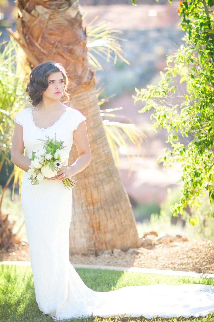 زفاف - Lace Wedding Gown with Scalloped V Neckline and Cap Sleeves, Custom Made Wedding Dress