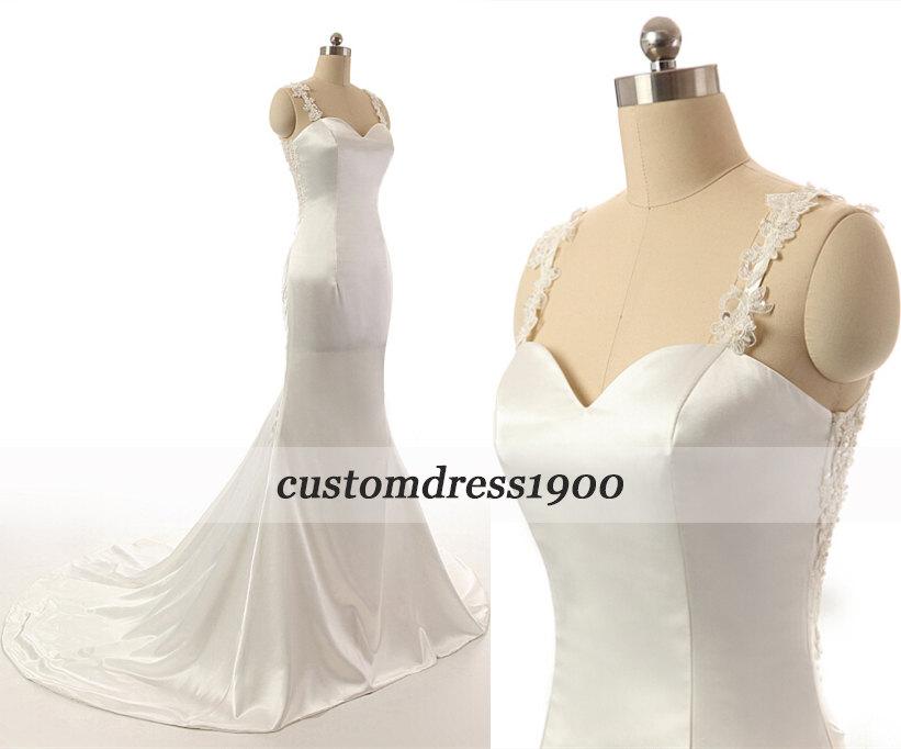 Hochzeit - Vintage Sweep Train Wedding Dress White/Ivory Handmade Satin Mermaid Wedding Gowns Cap Sleeve Bridal Dress