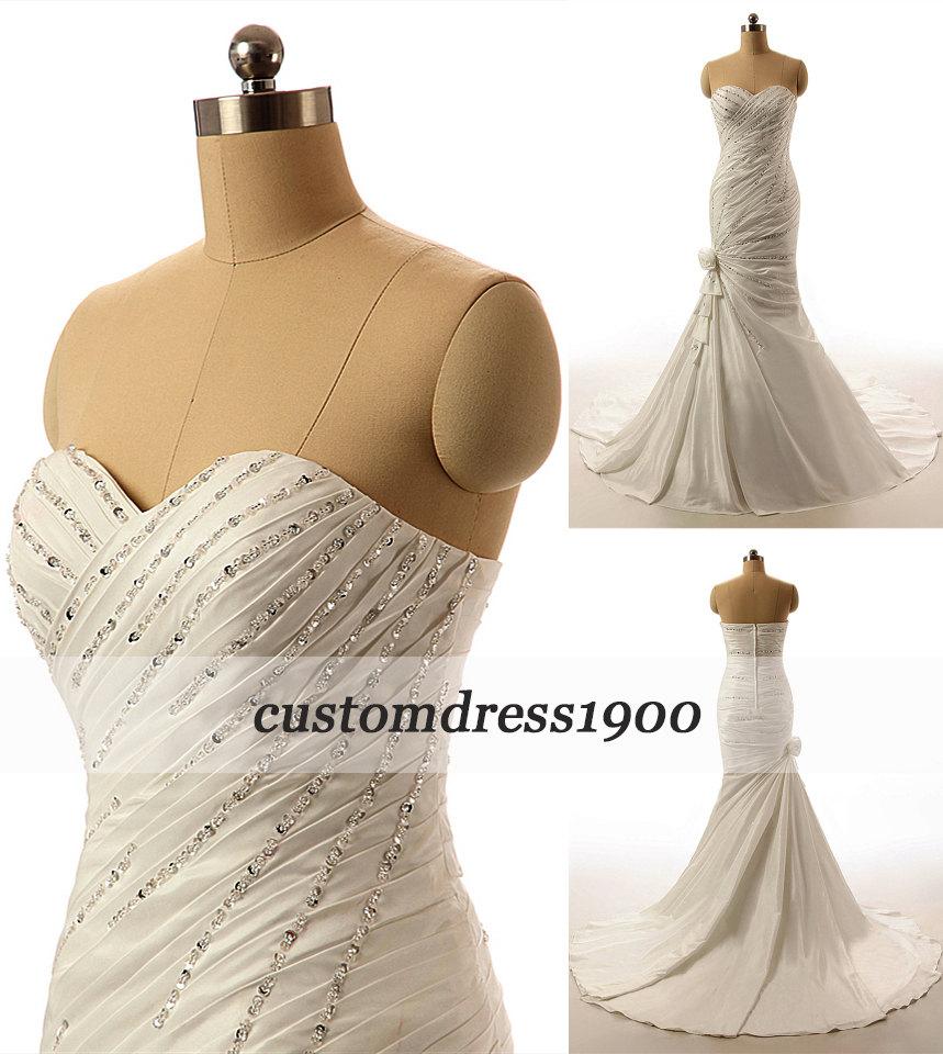Hochzeit - Sweetheart Sweep Train Half Open Back Bridal Gowns White /Ivory Handmade Satin Mermaid Wedding Dress