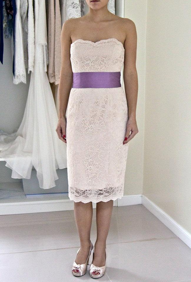 Hochzeit - Strapless Lace Dress, Light Peach Lace Dress, Peach Bridesmaid Dress, Champagne Lace Dress