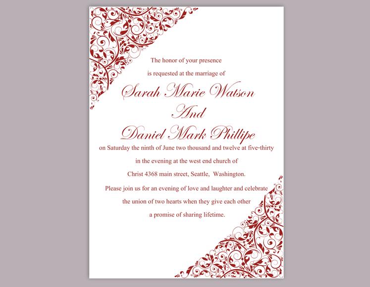 Свадьба - DIY Wedding Invitation Template Editable Word File Instant Download Printable Invitation Wine Red Invitation Red Elegant Invitation