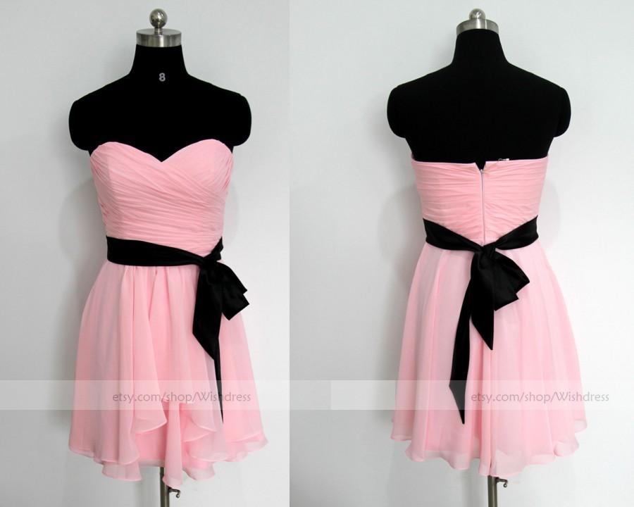 Свадьба - Handmade Sweetheart Pink Chiffon Knee Length Bridesmaid Dress With Black Sash / Pink Homecoming Dress/ Short Prom Dress By Wishdress