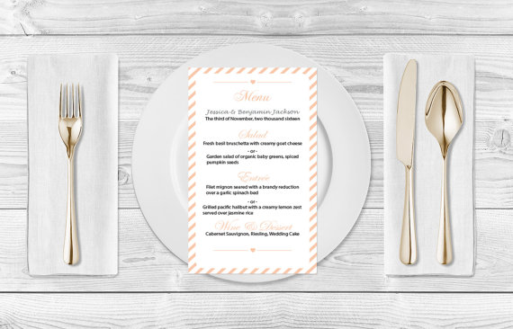 Wedding - Wedding Menu Template - Dark Peach Carnival Stripes Printable Wedding Menu Card - Editable PDF Template - Instant Download - DIY You Print