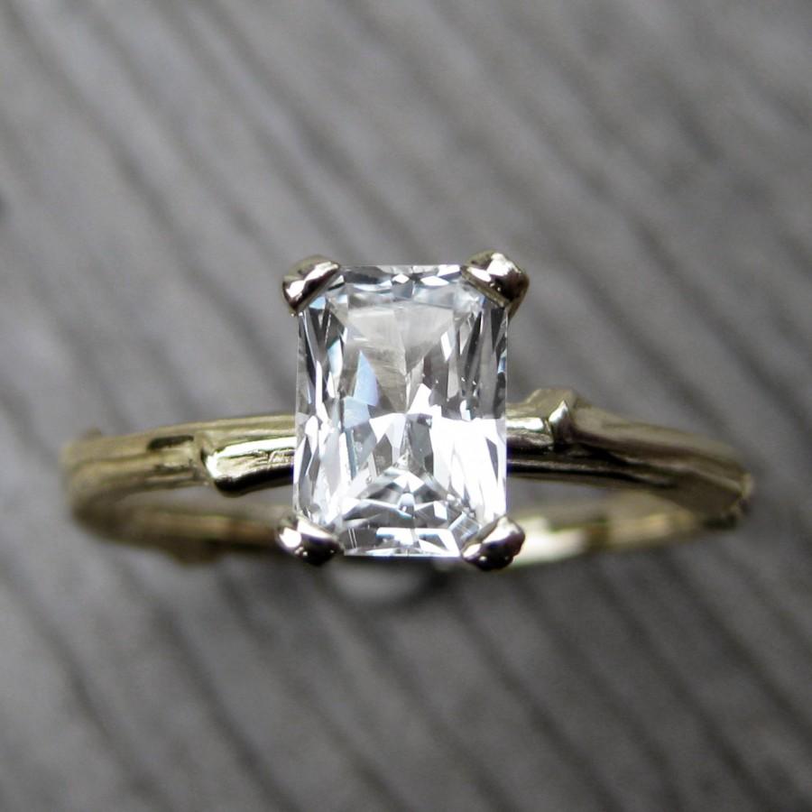 زفاف - Emerald White Sapphire Twig Engagement Ring: One Carat, White, Yellow, or Rose Gold