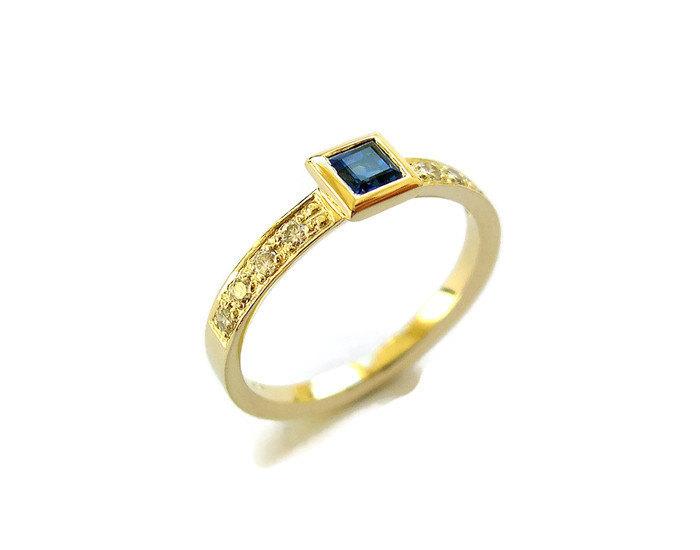 Wedding - Sapphire and Diamonds Engagement Ring, Square Gemstone Yellow Gold Ring, Bezel Ring, Fine Jewelry