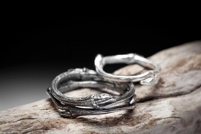 Mariage - twig wedding band set, sterling silver branch rings - Elvish You Belong Together