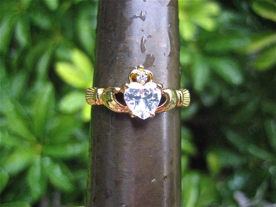 Wedding - Vintage Yellow Gold over 925 Sterling Silver CZ Claddagh Ring