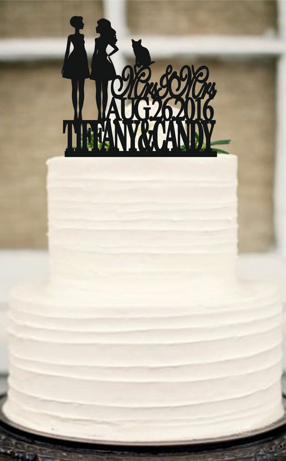 Hochzeit - Same Sex Cake Topper,lesbian Cake Topper,Mrs and Mrs Wedding Cake Topper, Wedding Silhouette Couple Cake Topper with Cat