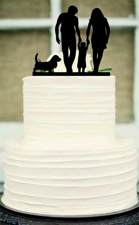 Mariage - Silhouette Wedding Cake Topper, funny Wedding Cake Topper,Bride and Groom and little boy a dog family wedding cake topper,Rustic cake topper