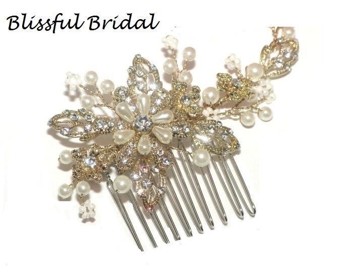 زفاف - Gold Ivory Pearl Wedding Hair Comb, Gold Hair Comb, Gold Bridal Comb, Gold Wedding Comb, Gold Hair Clip, Gold Hair Accessory