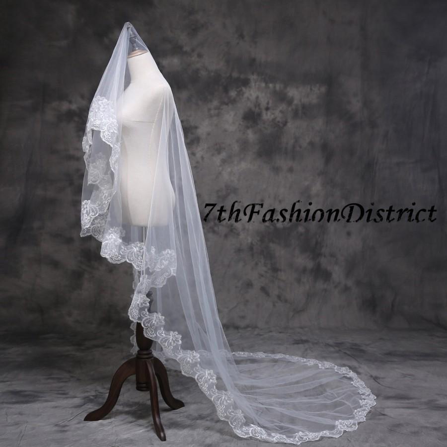 Wedding - 3 Meters Cathedral Wedding Veil, Lace Wedding Veil, Lace Bridal Veil, White Lace Veil, Ivory Wedding Veil,Single Tier Bridal Veil