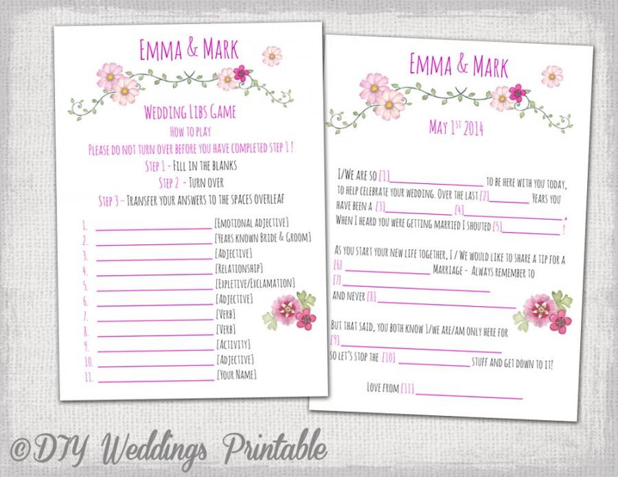 Hochzeit - Wedding Mad Libs template pink wedding libs printable guest card "Folk festival" Marriage Mad libs wedding game - YOU EDIT instant download