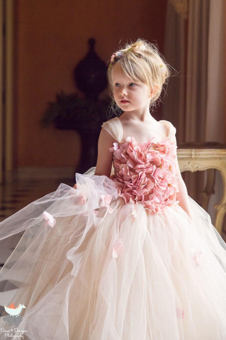 زفاف - Flower girl dress Pink Champagne Dress, Pink Champagne tutu dress, flower top, hydrangea top, toddler tutu dress Cascading flowers