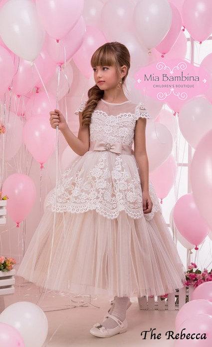 Wedding - Champagne Flower Girl Dress  First Communion Dress 