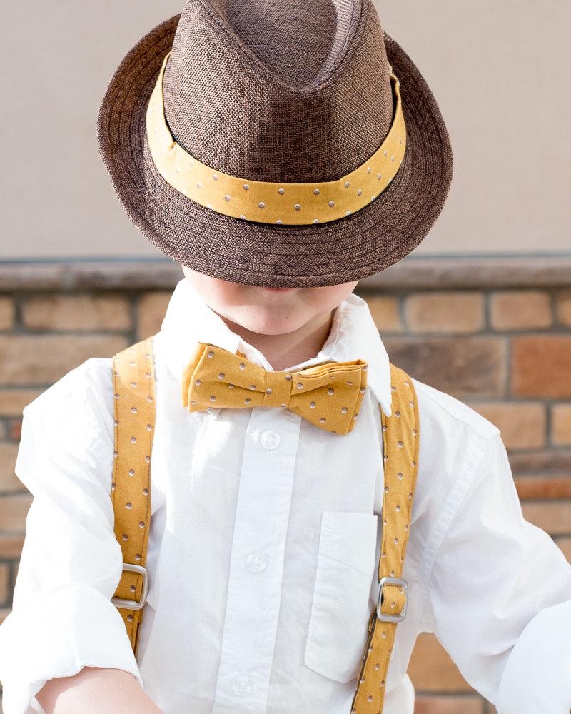 Свадьба - Brown Fedora with Mustard Polka Dot Band -- Toddler Fedora -- Boy Fedora