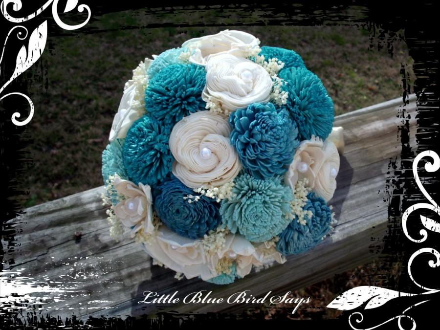 Hochzeit - Rustic blue bridal bouquet sola flower bridal bouquet beach bouquet rustic bouquet burlap sola flower blue teal turquoise